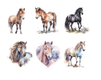 May include: Watercolor illustrations of horses in various poses and colors. The collection includes a light brown pony, a chestnut horse, a black horse, a blue-grey horse, a horse within a heart shape, and a white horse.