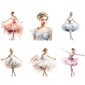 Könnte beinhalten: Fünf Aquarelle von Ballerinas in verschiedenen Posen. Die Ballerinas tragen Tüllröcke in Rosa-, Weiß- und Blautönen. Die Bilder sind vor einem weißen Hintergrund gemalt.