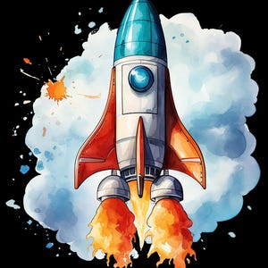 Könnte beinhalten: Aquarellillustration einer Rakete mit türkis-weißem Körper, roten Flossen und orangefarbenen Flammen. Die Rakete befindet sich vor einem schwarzen Hintergrund mit einer blau-weißen Wolke und orangefarbenen Farbspritzern.