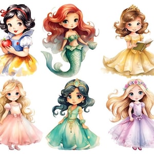 Könnte beinhalten: Sechs Zeichentrick-Prinzessinnen in verschiedenen Posen. Schneewittchen hält einen Apfel, Arielle ist eine Meerjungfrau, Belle hält ein Buch, Aschenputtel trägt ein rosa Kleid, Jasmin trägt ein grünes Kleid und Rapunzel trägt ein lila Kleid.