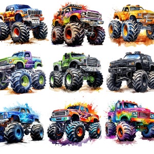 Könnte beinhalten: Neun bunte Monstertrucks mit großen Reifen und verschiedenen Lackierungen. Die Trucks stehen auf einem weißen Hintergrund mit Aquarellspritzer.