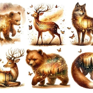 Könnte beinhalten: Sechs digitale Illustrationen von Tieren mit einer Waldszene im Inneren. Die Tiere sind ein Bär, ein Hirsch, ein Wolf, ein Bär, ein Hirsch und ein Fuchs. Die Waldszenen sind alle unterschiedlich und haben eine magische Atmosphäre.