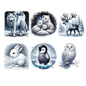 Könnte beinhalten: Sechs illustrierte Bilder von Wintertieren auf weißem Hintergrund. Die Tiere umfassen einen Wolf, eine Familie von Polarfüchsen, ein Rentier, ein Kaninchen, einen Pinguin und eine Eule.