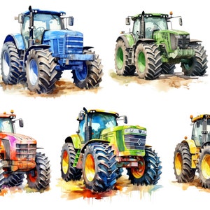 Könnte beinhalten: Eine Sammlung von sechs Aquarell-Illustrationen von Traktoren in verschiedenen Farben. Die Traktoren sind alle nach vorne gerichtet und haben große Räder. Die Farben der Traktoren sind Schwarz, Blau, Grün, Rot, Orange und Gelb.