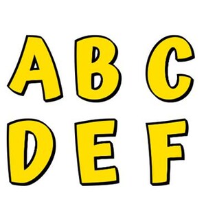 Könnte beinhalten: Sechs gelbe Großbuchstaben, A, B, C, D, E und F, mit schwarzen Umrissen. Die Buchstaben sind im Cartoon-Stil mit abgerundeten Kanten.