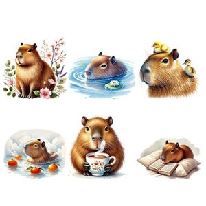 Könnte beinhalten: Eine Sammlung von Aquarellillustrationen mit Capybaras in verschiedenen Szenen. Ein Capybara ist von Blumen umgeben, ein anderes im Wasser, und andere sind mit Enten, einer Teetasse und einem Buch.