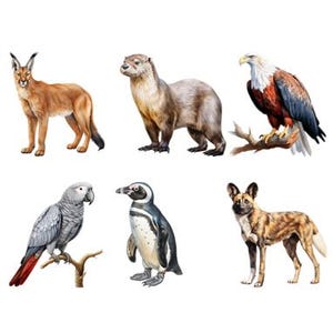 Könnte beinhalten: Eine digitale Illustration einer Sammlung von Tieren, darunter ein grau-weißer Pinguin, ein grauer Papagei, ein braun-weißer Otter, ein braun-weißer Wildhund, eine braun-weiße Katze und ein rot-weiß-schwarzer Adler.