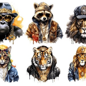 Könnte beinhalten: Sechs verschiedene Tiere, die stylische Kleidung und Accessoires tragen. Ein Affe, ein Waschbär, ein Löwe, eine Katze, ein Tiger und ein Löwe tragen alle Sonnenbrillen, Hüte und goldene Ketten. Die Tiere sind in Aquarell-Stil dargestellt.