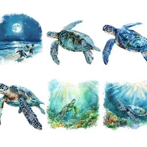 Könnte beinhalten: Sechs Aquarelle von Meeresschildkröten in verschiedenen Posen und Umgebungen. Einige Schildkröten schwimmen im Meer, während andere nachts am Strand sind. Die Bilder sind alle in Blautönen und Grüntönen gehalten.
