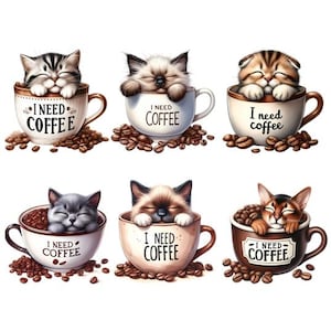 Könnte beinhalten: Sechs Illustrationen von Kätzchen in Kaffeetassen, umgeben von Kaffeebohnen. Jede Tasse trägt den Schriftzug "I NEED COFFEE". Die Kätzchen mit ihren unterschiedlichen Fellfarben und -mustern erzeugen eine charmante Szene.
