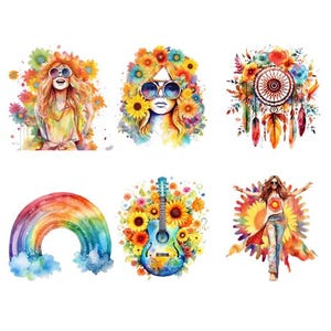 Könnte beinhalten: Sechs Aquarell-Illustrationen mit einem Regenbogen, einer Gitarre mit Sonnenblumen, einer Frau mit einem Traumfänger, einer Frau mit Sonnenbrille und Blumen, einer Frau mit Sonnenblumen und einer Gitarre und einer Frau mit einem Regenbogen und Sonnenblumen.