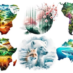 Könnte beinhalten: Sechs verschiedene Kontinente in Form von Illustrationen mit verschiedenen Naturszenen. Die Kontinente sind Afrika, Asien, Südamerika, Nordamerika, Antarktis und Australien. Jeder Kontinent zeigt eine einzigartige Landschaft, darunter Berge, Wälder, Wasserfälle, Tiere und Blumen.