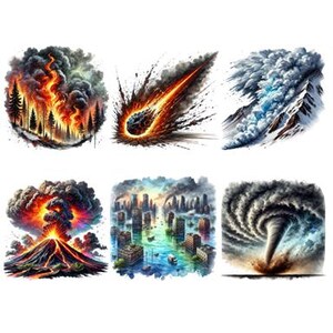 Könnte beinhalten: Sechs verschiedene Illustrationen von Naturkatastrophen. Die erste zeigt einen Waldbrand mit Rauch und Flammen. Die zweite zeigt einen Meteoriten, der auf die Erde stürzt. Die dritte zeigt eine Lawine aus Schnee und Eis. Die vierte zeigt eine Stadt, die mit Wasser überflutet ist. Die fünfte zeigt einen Vulkanausbruch mit Lava und Rauch. Die sechste zeigt einen Tornado mit einer Trichterwolke.