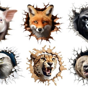 Könnte beinhalten: Sechs verschiedene Tiere schauen aus Löchern in einer weißen Wand. Die Tiere sind ein Schwein, ein Fuchs, ein Gorilla, ein Adler, ein Gepard und ein Bär.