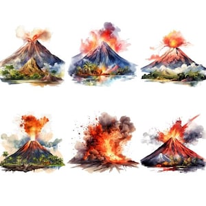 Könnte beinhalten: Sechs Aquarelle von ausbrechenden Vulkanen. Die Vulkane sind in verschiedenen Farben gehalten und haben unterschiedliche Mengen an Rauch und Asche, die aus ihnen aufsteigen. Die Bilder sind alle vor einem weißen Hintergrund angeordnet.