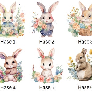 Könnte beinhalten: Sechs Aquarell-Illustrationen von Hasen mit floralen Akzenten. Jeder Hase ist in einer anderen Pose und hat einen anderen Ausdruck. Die Hasen sind von Blumen und Grün umgeben. Der Text "Hase 1" bis "Hase 6" befindet sich unter jedem Hasen.