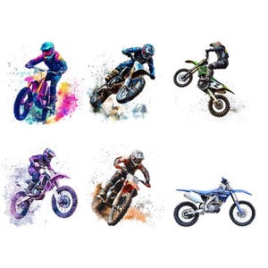 Könnte beinhalten: Aquarellartige Illustrationen von Motocross-Fahrern in Aktion. Die Bilder zeigen Fahrer auf Dirtbikes, die Stunts ausführen und Rennen fahren. Die Farbpalette umfasst lebendige Farbtöne von Blau, Lila, Orange und Grün, mit Farbspritzern um die Motorräder.