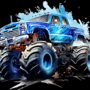 Könnte beinhalten: Ein blauer Monstertruck mit großen Reifen und einer blauen und weißen Lackierung. Der Truck fährt auf einer unbefestigten Straße und es kommt Rauch aus den Reifen.