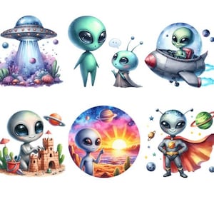 Könnte beinhalten: Ein Set mit sechs bunten Illustrationen, die niedliche Cartoon-Aliens in verschiedenen Posen und Umgebungen zeigen. Die Aliens sind grün, blau und grau mit großen Augen und Antennen. Sie sind dargestellt, wie sie im Sand spielen, in einem Raumschiff fliegen und den Weltraum erkunden.
