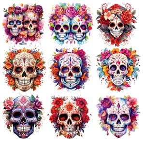 Könnte beinhalten: Neun farbenfrohe Zucker Schädel Designs mit floralen Akzenten. Jeder Schädel ist mit komplizierten Mustern und leuchtenden Farben verziert, darunter Pink, Blau, Grün, Gelb und Orange. Die Schädel sind von Blumen, Blättern und Ranken umgeben.