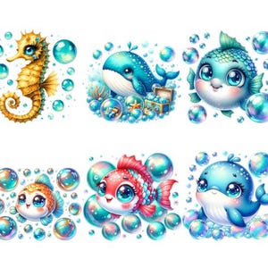 Könnte beinhalten: Ein Set mit sechs bunten Cartoon-Meerestieren mit Blasen. Die Kreaturen umfassen ein gelbes Seepferdchen, einen blauen Wal, einen grünen Fisch, einen roten Fisch, einen blauen Delfin und einen gelben Fisch.