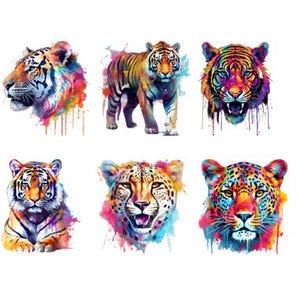 Könnte beinhalten: Sechs farbenfrohe Aquarell-Illustrationen verschiedener Wildkatzen. Die Illustrationen zeigen einen Tiger, einen Geparden und einen Leoparden in verschiedenen Posen mit Farbspritzern um sie herum.