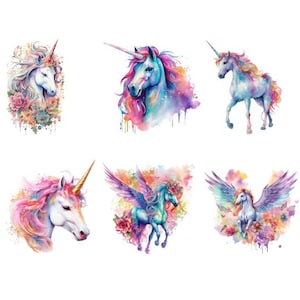 Könnte beinhalten: Sechs Aquarell-Illustrationen von Einhörnern mit bunten Mähnen und Schwänzen. Jedes Einhorn ist in einer anderen Pose dargestellt, einige mit Flügeln und andere mit Blumen.