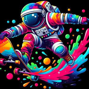 Könnte beinhalten: Ein farbenfroher Astronaut in einem Regenbogen-Raumanzug fährt Skateboard auf einem Regenbogen-Skateboard. Der Astronaut springt über einen Spritzer bunter Farbe.