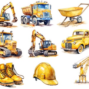 Könnte beinhalten: Ein Set aus neun Aquarell-Illustrationen von gelben Baufahrzeugen und Werkzeugen. Das Set beinhaltet einen Kipplaster, einen Bagger, einen Bulldozer, eine Schubkarre, einen Pick-up, einen Kran, einen Helm und zwei Paar Arbeitsschuhe.