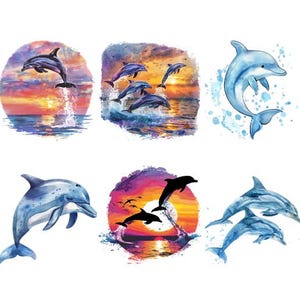 Könnte beinhalten: Ein Set mit sechs Aquarell-Illustrationen, die Delfine zeigen, die aus dem Wasser springen. Die Illustrationen sind vor dem Hintergrund eines Sonnenuntergangs mit Wolken und Wellen angeordnet. Die Delfine sind in verschiedenen Posen dargestellt, einige springen hoch in die Luft, andere schwimmen durch das Wasser.