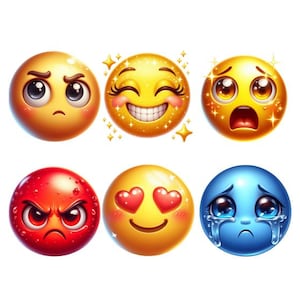 Könnte beinhalten: Sechs Emoji-Gesichter mit unterschiedlichen Ausdrücken. Die obere Reihe zeigt ein zweifelndes Gesicht, ein lächelndes Gesicht mit Glitzer und ein schockiertes Gesicht. Die untere Reihe zeigt ein wütendes Gesicht, ein Gesicht mit Herzaugen und ein weinendes Gesicht.