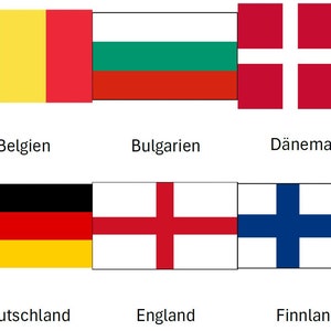 Könnte beinhalten: Flaggen von Belgien, Bulgarien, Dänemark, Deutschland, England und Finnland. Die Flaggen sind in zwei Reihen zu je drei angeordnet. Die Flaggen sind alle rechteckig und haben unterschiedliche Farben und Designs.