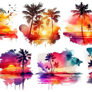 Könnte beinhalten: Eine Sammlung von acht Aquarellbildern, die tropische Sonnenuntergänge mit Palmen darstellen. Die Bilder sind in Orange-, Rosa-, Lila- und Blautönen gehalten, mit einem weißen Hintergrund.