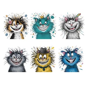 Könnte beinhalten: Sechs skurrile Katzenporträts mit breiten Grinsen und ausdrucksstarken Augen. Jede Katze hat einzigartige Farben und Accessoires, darunter eine Blume, eine Krone, eine Feder, ein Monokel, einen Hut und eine Fliege. Die Katzen sind vor einem weißen Hintergrund mit farbenfrohen Spritzereffekten.