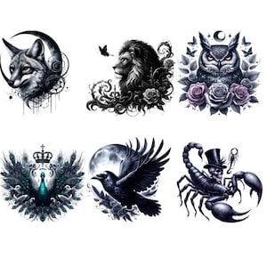 Könnte beinhalten: Sechs Tattoo-Designs in Schwarzweiß mit einem Wolf, einem Löwen, einer Eule, einem Pfau, einem Raben und einem Skorpion. Jedes Design ist von komplizierten Details umgeben.