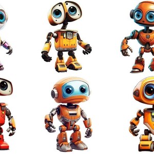 Könnte beinhalten: Sechs Comic-Roboter mit unterschiedlich farbigen Körpern und blauen Augen. Die Roboter stehen auf einem weißen Hintergrund.