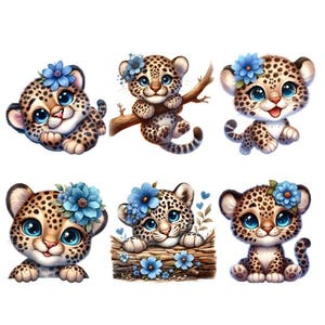 Könnte beinhalten: Sechs Cartoon-Leopardenbabys mit großen blauen Augen und blauen Blumen. Die Leopardenbabys haben braune Flecken und sind in verschiedenen Posen dargestellt, einige sitzen, andere auf einem Ast.