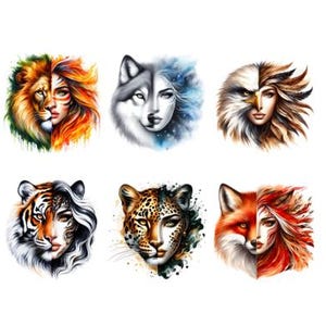 Könnte beinhalten: Sechs Aquarellillustrationen, die Tier- und Menschengesichter kombinieren. Die Bilder zeigen einen Löwen, einen Wolf, einen Adler, einen Tiger, einen Leoparden und einen Fuchs, jeweils verschmolzen mit einem Frauengesicht. Die Kunstwerke verwenden lebendige Farben und detaillierte Texturen.