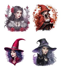 Könnte beinhalten: Vier digitale Illustrationen von Frauen mit verschiedenen Frisuren und Kleidung. Die erste Frau hat langes schwarzes Haar und trägt ein weißes Kleid mit roten Rosen. Die zweite Frau hat langes blondes Haar und trägt ein rotes Kleid mit einem roten Apfel. Die dritte Frau hat kurzes lila Haar und trägt einen roten Hut und ein rotes Kleid. Die vierte Frau hat langes lila Haar und trägt einen schwarzen Hut und ein schwarzes Kleid mit einer schwarzen Katze.