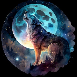 Könnte beinhalten: Ein blauer und lila Wolf heult zu einem Vollmond in einem Aquarellbild. Der Mond ist von einem sternenklaren Nachthimmel umgeben.