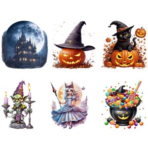 Könnte beinhalten: Sechs verschiedene Halloween-Illustrationen. Ein Spukhaus mit Vollmond, ein Hexenhut mit einem Kürbis, eine schwarze Katze mit einem Kürbis, ein Kobold mit einer Kerze, eine Fee mit einem Zauberstab und ein Kessel mit Süßigkeiten.