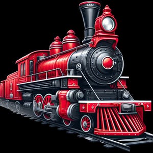 Könnte beinhalten: Detaillierte Illustration einer klassischen rot-schwarzen Dampflokomotive. Der Zug verfügt über einen großen Scheinwerfer, einen Schornstein und mehrere Räder. Der Zug ist vor einem schwarzen Hintergrund platziert, der seine lebendigen Farben und sein kompliziertes Design hervorhebt.