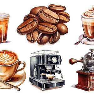 Könnte beinhalten: Eine Aquarell-Illustration verschiedener Kaffee-Artikel, darunter eine Tasse Eiskaffee, eine Tasse Cappuccino, eine Tasse Latte, eine Kaffeemühle, eine Espressomaschine und ein Haufen Kaffeebohnen.