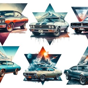 Könnte beinhalten: Sechs klassische Muscle Cars in verschiedenen Farben, jeweils gerahmt von einer geometrischen Form mit einem malerischen Hintergrund. Die Autos sind alle klassische amerikanische Modelle aus den 1960er und 1970er Jahren, mit schlanken Linien und kraftvollen Motoren.