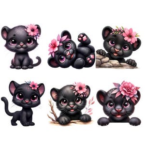 Könnte beinhalten: Sechs Cartoon-Illustrationen von schwarzen Pantherjungen, die jeweils mit rosa Blumenkränzen geschmückt sind. Die Jungen haben große Augen und befinden sich in verschiedenen Posen, wie z. B. Sitzen, Liegen und über eine Kante schauen. Der Stil ist niedlich und skurril.