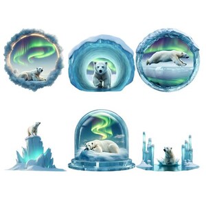Könnte beinhalten: Eine Sammlung von sechs Bildern mit Eisbären in verschiedenen Umgebungen. Die Bilder zeigen Eisbären in einer Schneekugel, auf Eisformationen und unter Nordlichtern. Die Farbpalette ist hauptsächlich Weiß, Blau und Grün.