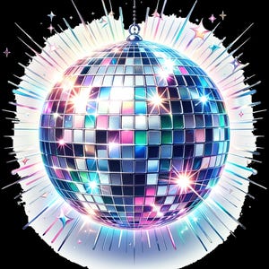 Könnte beinhalten: Illustration einer Discokugel. Die Kugel ist mit kleinen, quadratischen Spiegelfliesen bedeckt, die Farbtöne von Blau, Rosa, Grün und Lila reflektieren. Sie ist von strahlenden Lichtblitzen und sternförmigen Glitzerpartikeln umgeben, was einen festlichen Eindruck erzeugt.