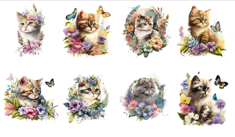 Bügelbild Bügelmotiv Katze Kitten Cat Blumen Schmetterlinge Junge Mädchen verschiedene Größen Bild 1