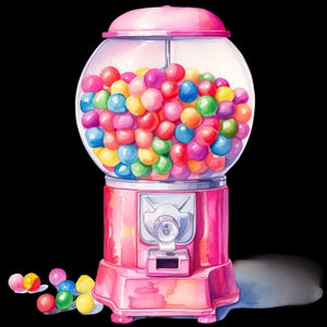 Könnte beinhalten: Aquarellillustration eines rosa Kaugummiautomaten, gefüllt mit bunten Kaugummis. Die Maschine hat eine klare, runde Glaskugel und einen silbernen Münzschlitz. Mehrere Kaugummis liegen auf dem Boden und tragen zur verspielten Szene bei.
