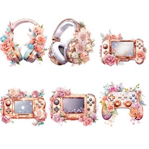 Könnte beinhalten: Ein Set aus sechs Aquarell-Illustrationen mit floralen Designs und Gaming-Zubehör. Die Illustrationen zeigen Kopfhörer, eine Handheld-Spielkonsole und einen Controller. Die floralen Designs sind in Rosa-, Weiß- und Grüntönen gehalten.